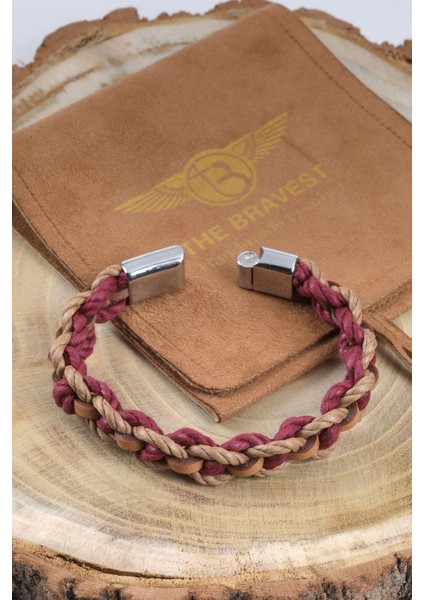 Mrhero Erkek Halat ve Hakiki Deri Karışık Örgü El Yapımı Deri Bileklik MH028 Taba Bordo