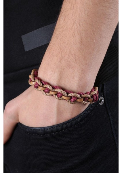 Mrhero Erkek Halat ve Hakiki Deri Karışık Örgü El Yapımı Deri Bileklik MH028 Taba Bordo fiyatları