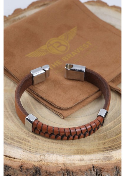 Mrhero Erkek Örgü Yılan Parçalı El Yapımı Hakiki Deri Bileklik MH027 Taba Rengi