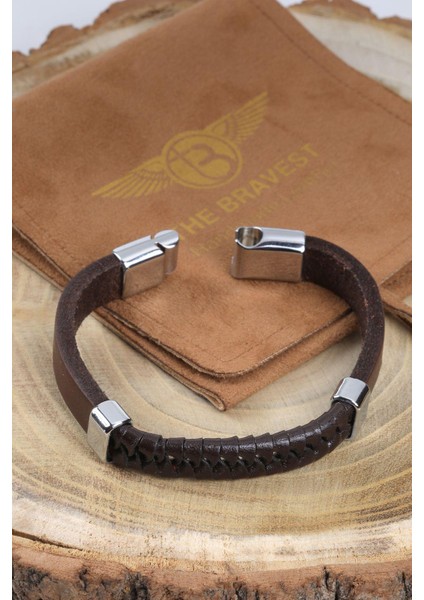 Mrhero Erkek Örgü Yılan Parçalı El Yapımı Hakiki Deri Bileklik MH027 Kahverengi