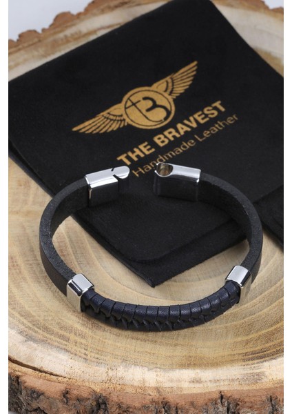 Mrhero Erkek Örgü Yılan Parçalı El Yapımı Hakiki Deri Bileklik MH027 Lacivert