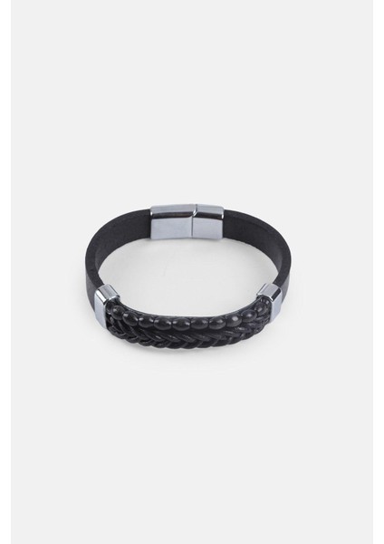 Mrhero Erkek Orta Boncuk Deri Örgü Parçalı El Yapımı Hakiki Deri Bileklik MH026 Siyah modelleri