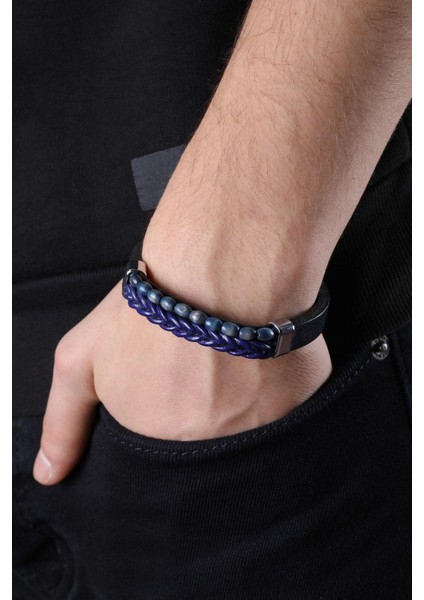 Mrhero Erkek Orta Boncuk Deri Örgü Parçalı El Yapımı Hakiki Deri Bileklik MH026 Mavi fiyatları