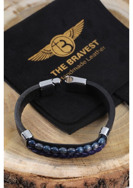 Mrhero Erkek Orta Boncuk Deri Örgü Parçalı El Yapımı Hakiki Deri Bileklik MH026 Mavi