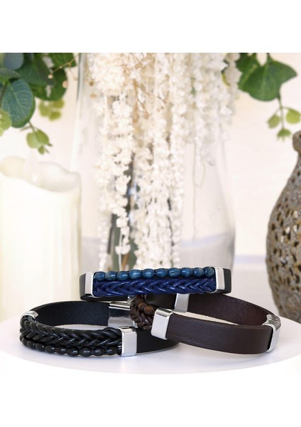 Mrhero Erkek Orta Boncuk Deri Örgü Parçalı El Yapımı Hakiki Deri Bileklik MH026 Mavi indirimleri