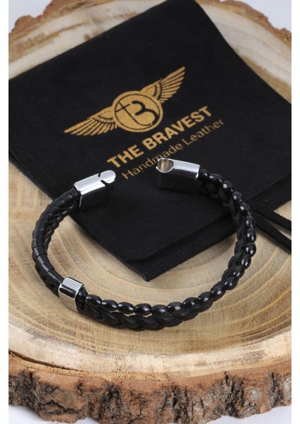 MRHERO Erkek İki Örgü Boncuk Kombin El Yapımı Hakiki Deri Bileklik MH025 SİYAH