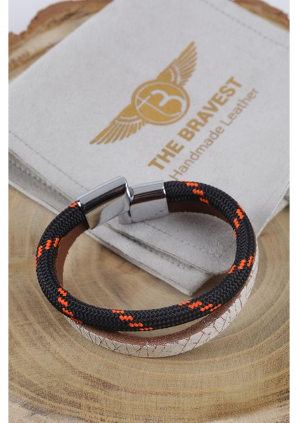 Mrhero Unisex Çatlak Beyaz Hakiki Deri Halatlı El Yapımı Deri Bileklik MH021 Siyah