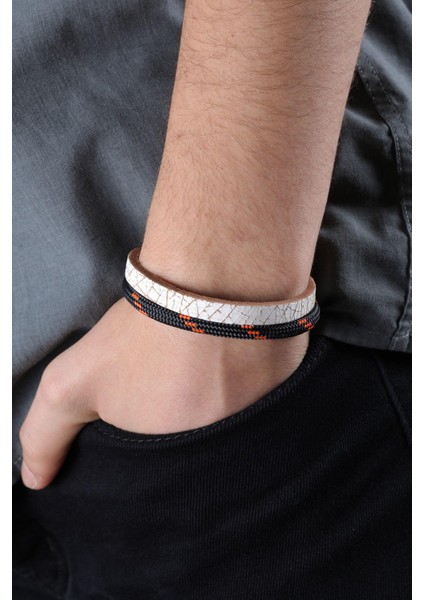 Mrhero Unisex Çatlak Beyaz Hakiki Deri Halatlı El Yapımı Deri Bileklik MH021 Siyah fiyatları