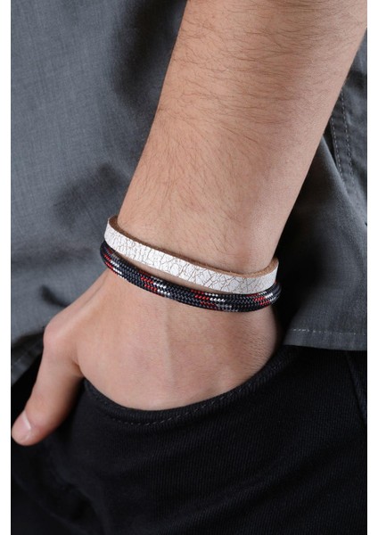 Mrhero Unisex Çatlak Beyaz Hakiki Deri Halatlı El Yapımı Deri Bileklik MH021 Lacivert fiyatları