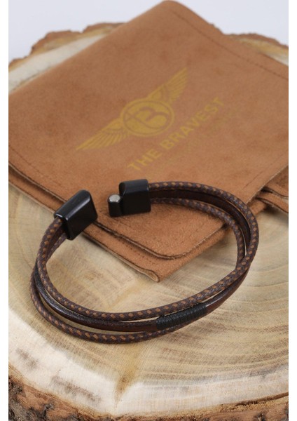 Mrhero Erkek Orta Sarma Deri Çift Halatlı El Yapımı Hakiki Deri Bileklik MH019 Taba Rengi