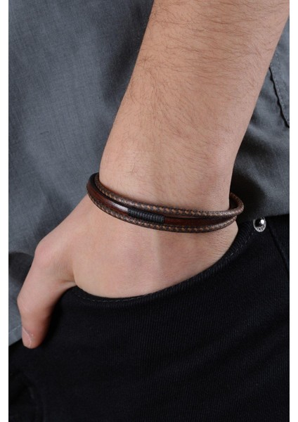 Mrhero Erkek Orta Sarma Deri Çift Halatlı El Yapımı Hakiki Deri Bileklik MH019 Taba Rengi fiyatları