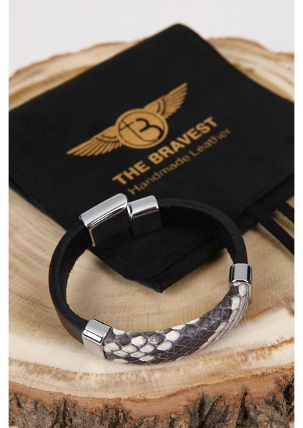 Mrhero Unisex Parçalı Hakiki Piton Deri El Yapımı Deri Bileklik MH018 Siyah