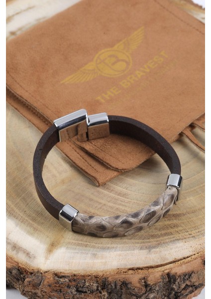 Mrhero Unisex Parçalı Hakiki Piton Deri El Yapımı Deri Bileklik MH018 Kahverengi