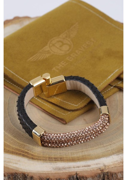 Mrhero Altın Kaplama Kristal Boncuklu Parçalı Hakiki Piton Deri Bileklik MH016 Siyah