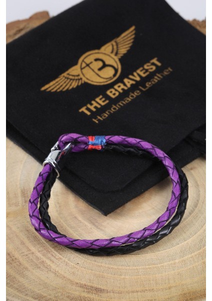 Mrhero Unisex Yeşil Kancalı Ikili Örgü El Yapımı Hakiki Deri Bileklik MH012 Mor