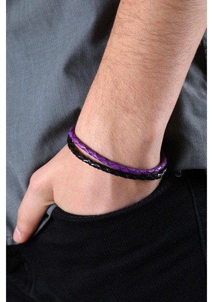 Mrhero Unisex Yeşil Kancalı Ikili Örgü El Yapımı Hakiki Deri Bileklik MH012 Mor fiyatları