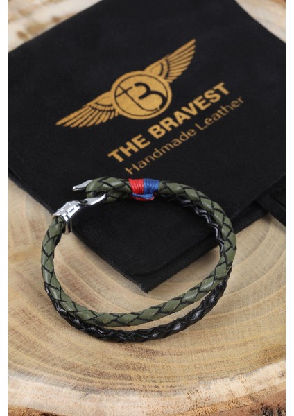 Mrhero Unisex Yeşil Kancalı Ikili Örgü El Yapımı Hakiki Deri Bileklik MH012 Yeşil