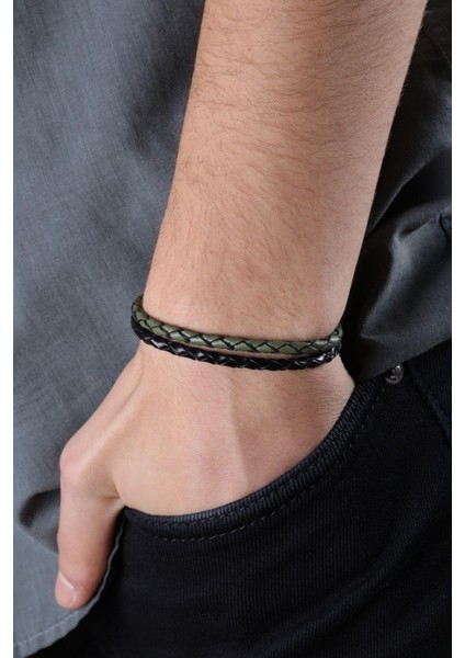 Mrhero Unisex Yeşil Kancalı Ikili Örgü El Yapımı Hakiki Deri Bileklik MH012 Yeşil fiyatları