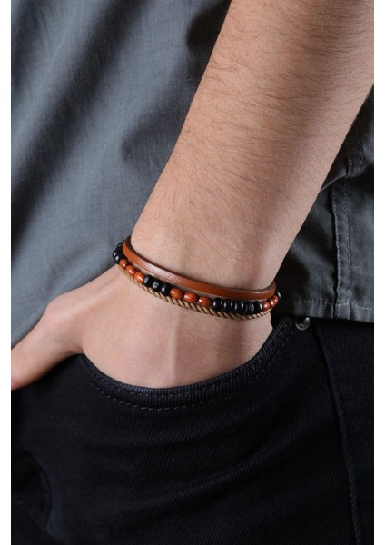 Mrhero Unisex Taba Boncuklu Hakiki Deri Halat El Yapımı Bileklik MH011 Taba Rengi fırsatları