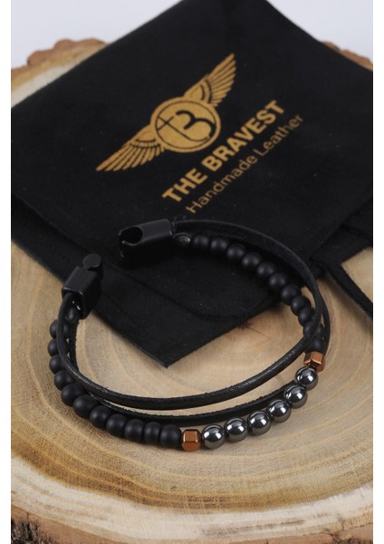 Mrhero Erkek Orta Boncuk (Renkli) Kenarı Düz El Yapımı Hakiki Deri Bileklik MH010 Gri