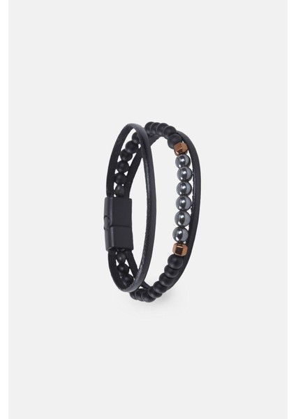 Mrhero Erkek Orta Boncuk (Renkli) Kenarı Düz El Yapımı Hakiki Deri Bileklik MH010 Gri fırsatları