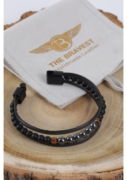 Mrhero Erkek Orta Boncuk (Renkli) Kenarı Düz El Yapımı Hakiki Deri Bileklik MH010 Siyah