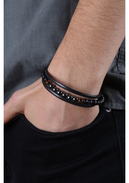 Mrhero Erkek Orta Boncuk (Renkli) Kenarı Düz El Yapımı Hakiki Deri Bileklik MH010 Siyah fiyatları