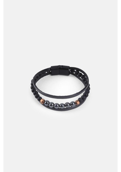 Mrhero Erkek Orta Boncuk (Renkli) Kenarı Düz El Yapımı Hakiki Deri Bileklik MH010 Siyah modelleri