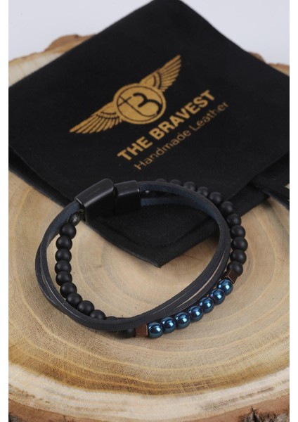 Mrhero Erkek Orta Boncuk (Renkli) Kenarı Düz El Yapımı Hakiki Deri Bileklik MH010 Lacivert