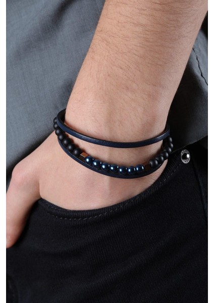 Mrhero Erkek Orta Boncuk (Renkli) Kenarı Düz El Yapımı Hakiki Deri Bileklik MH010 Lacivert fiyatları