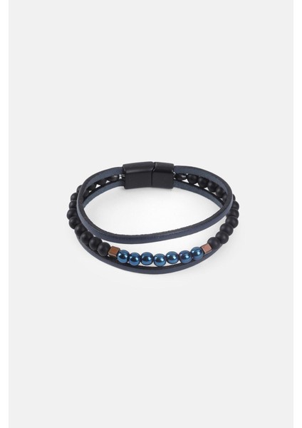 Mrhero Erkek Orta Boncuk (Renkli) Kenarı Düz El Yapımı Hakiki Deri Bileklik MH010 Lacivert modelleri