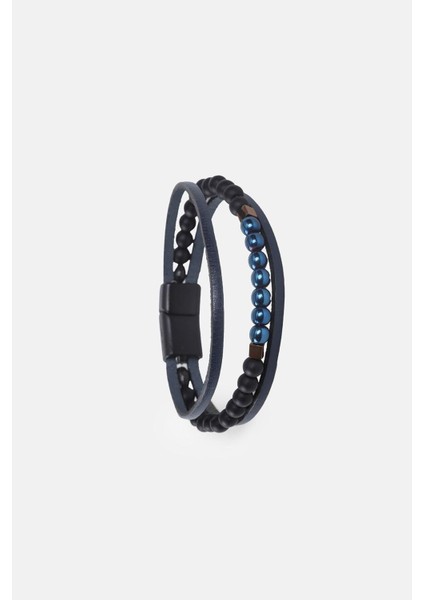 Mrhero Erkek Orta Boncuk (Renkli) Kenarı Düz El Yapımı Hakiki Deri Bileklik MH010 Lacivert fırsatları