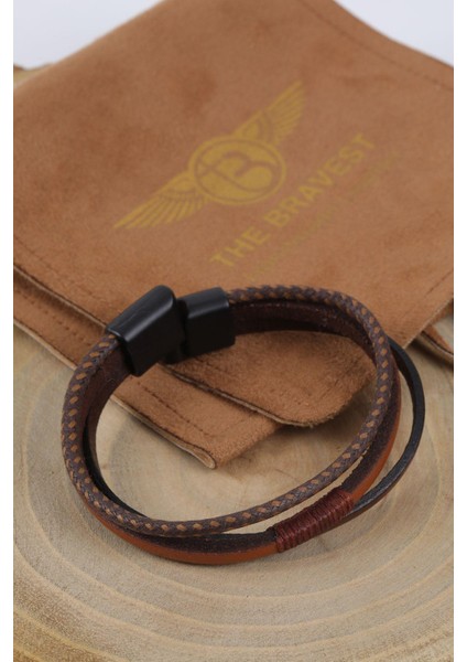 Mrhero Unısex 3'lü Orta Sırma Tek Halat El Yapımı Hakiki Deri Bileklik MH007 Taba Rengi