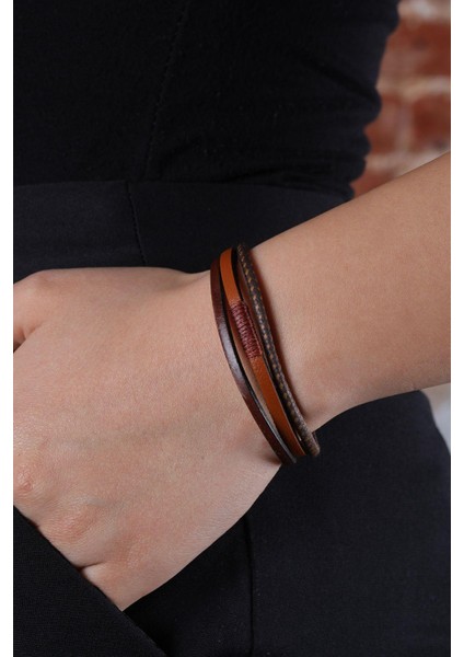 Mrhero Unısex 3'lü Orta Sırma Tek Halat El Yapımı Hakiki Deri Bileklik MH007 Taba Rengi fiyatları