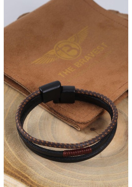 Mrhero Unısex 3'lü Orta Sırma Tek Halat El Yapımı Hakiki Deri Bileklik MH007 Siyah