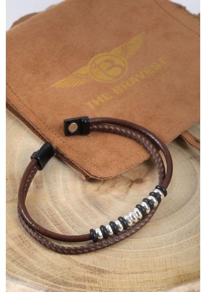 Mrhero Unisex Halat Ipli Metal Aksesuarlı El Yapımı Hakiki Deri Bileklik MH001 Sütlü Kahverengi