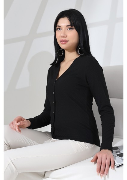 Korent Kadın Soft Touch Penye Düğmeli Kare Jakarlı Uzun Kollu Hırka - Siyah modelleri