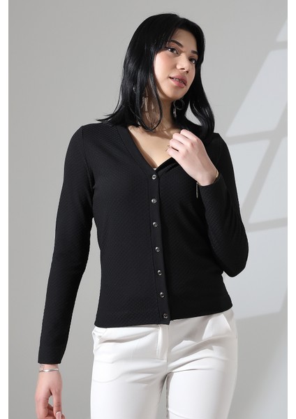 Korent Kadın Soft Touch Penye Düğmeli Kare Jakarlı Uzun Kollu Hırka - Siyah fırsatları
