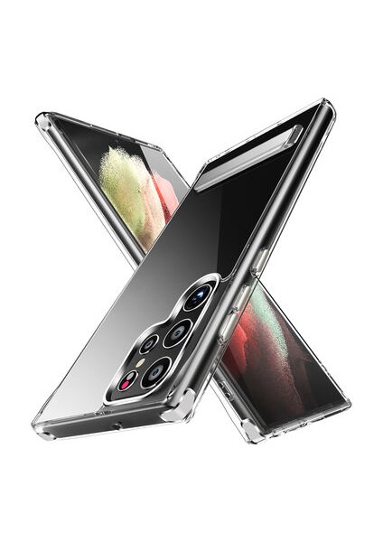 Samsung Galaxy S22 Ultra Kılıf Standlı Şeffaf Sert Silikon L-Stand Kapak