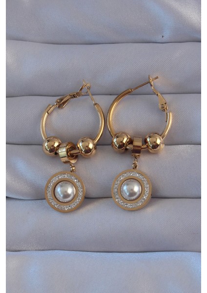 316L Çelik Gold Renk Zirkon ve Inci Taşlı Cartier Model Halka Küpe