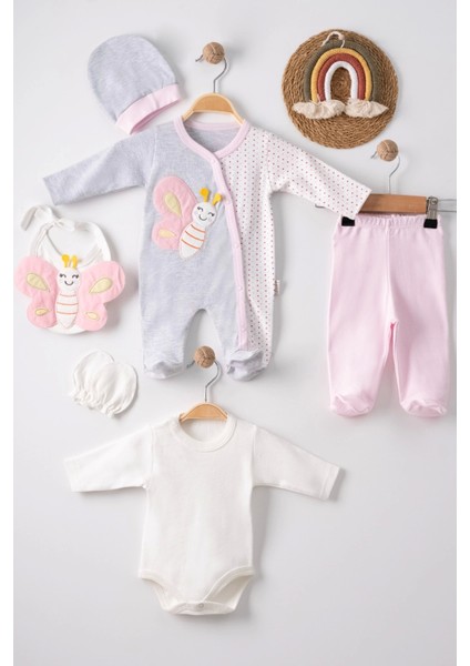 3 Ay Kelebek Nakışlı Tulumlu Pamuk Kız Bebek 5'li Set Gri