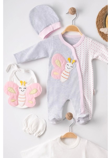 3 Ay Kelebek Nakışlı Tulumlu Pamuk Kız Bebek 5'li Set Gri