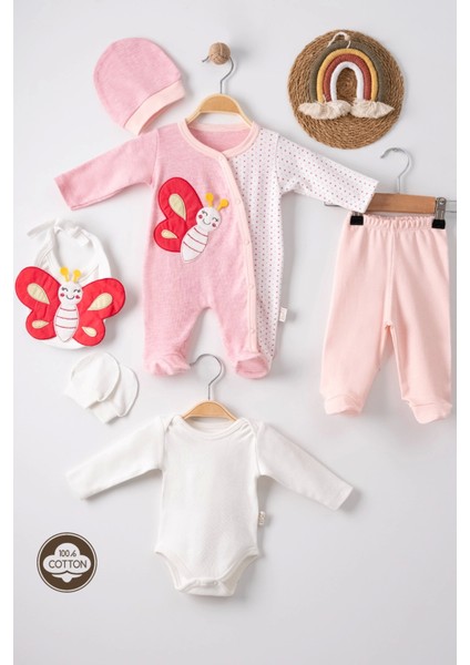 3 Ay Kelebek Nakışlı Puanlı Tulumlu Pamuk Kız Bebek 5'li Set Pembe