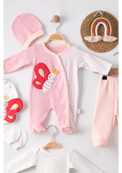 3 Ay Kelebek Nakışlı Puanlı Tulumlu Pamuk Kız Bebek 5'li Set Pembe