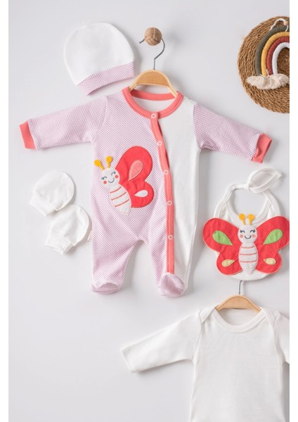 3 Ay Kelebek Nakışlı Puanlı Tulumlu Pamuk Kız Bebek 5'li Set Nar Çiçeği