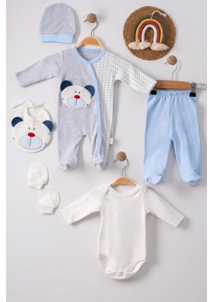 3 Ay Ayıcık Nakış Tulumlu Erkek Bebek 5'li Set Mavi