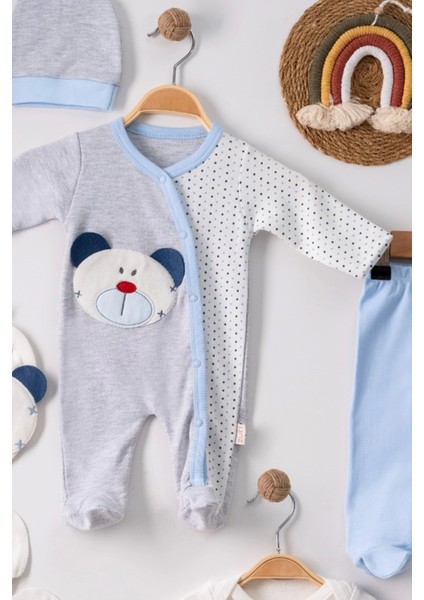 3 Ay Ayıcık Nakış Tulumlu Erkek Bebek 5'li Set Mavi