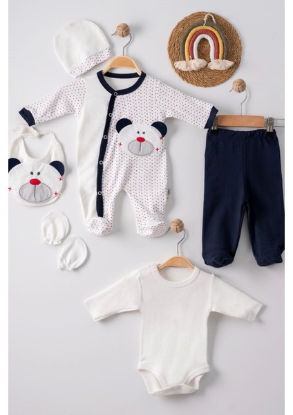 3 Ay Puanlı Ayıcık Nakışlı Tulumlu Pamuk Erkek Bebek 5'li Set Lacivert