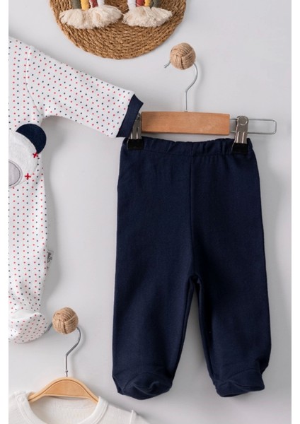 3 Ay Puanlı Ayıcık Nakışlı Tulumlu Pamuk Erkek Bebek 5'li Set Lacivert