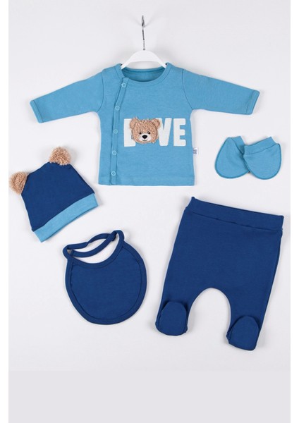 3 Ay Bebek Hastane Çıkış Seti Love Bear Nakışlı 5'li Pamuk Erkek Mavi